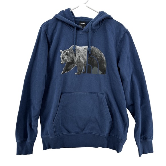 The North Face Hoodie Mens Medium Blue Bear Graphic Pullover Sweatshirt Outdoors - Picture 1 of 8